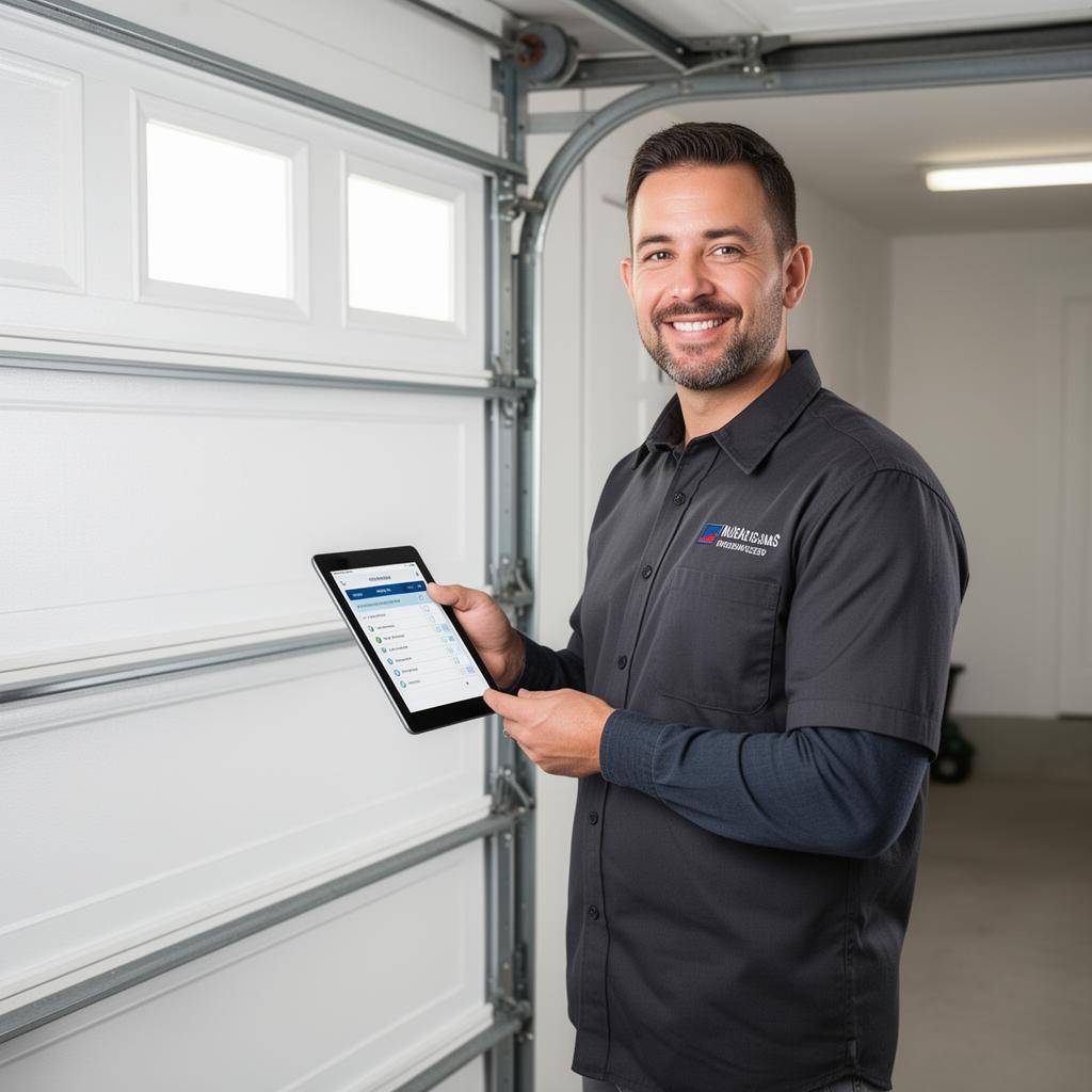 Professional technician inspecting garage door